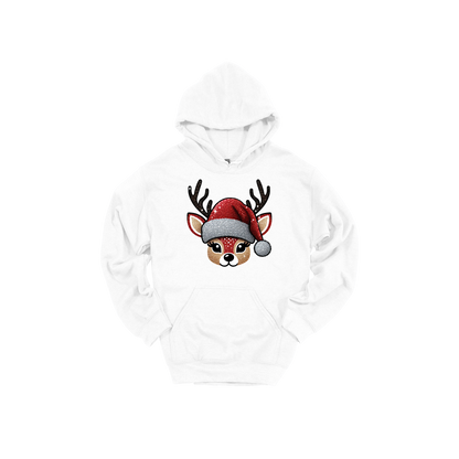 Cute Reindeer Christmas Apparel design on adult hoodie in white, front view.