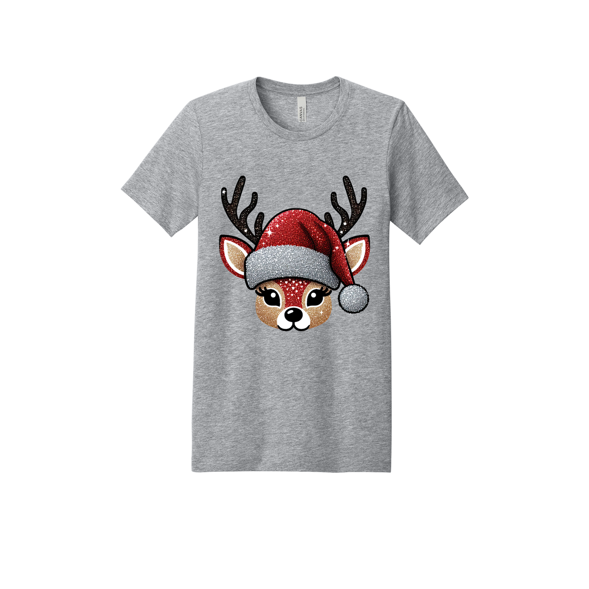 Cute Reindeer Christmas Apparel design on adult tee in gray, front view.