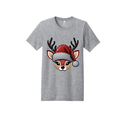Cute Reindeer Christmas Apparel design on adult tee in gray, front view.