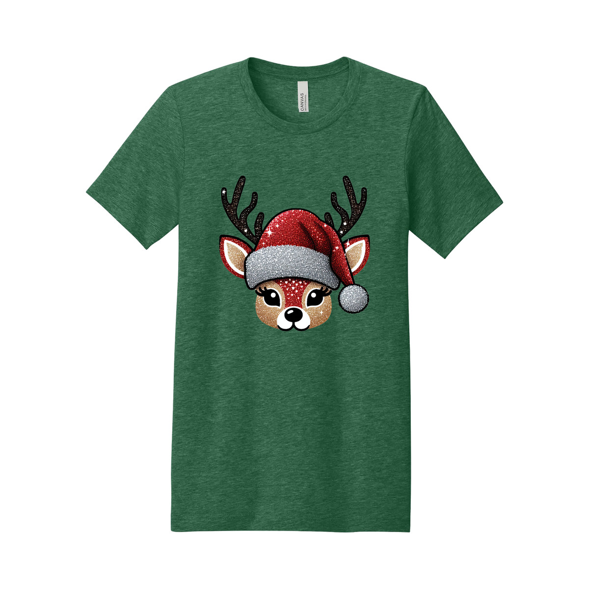 Cute Reindeer Christmas Apparel design on adult tee in green, front view.