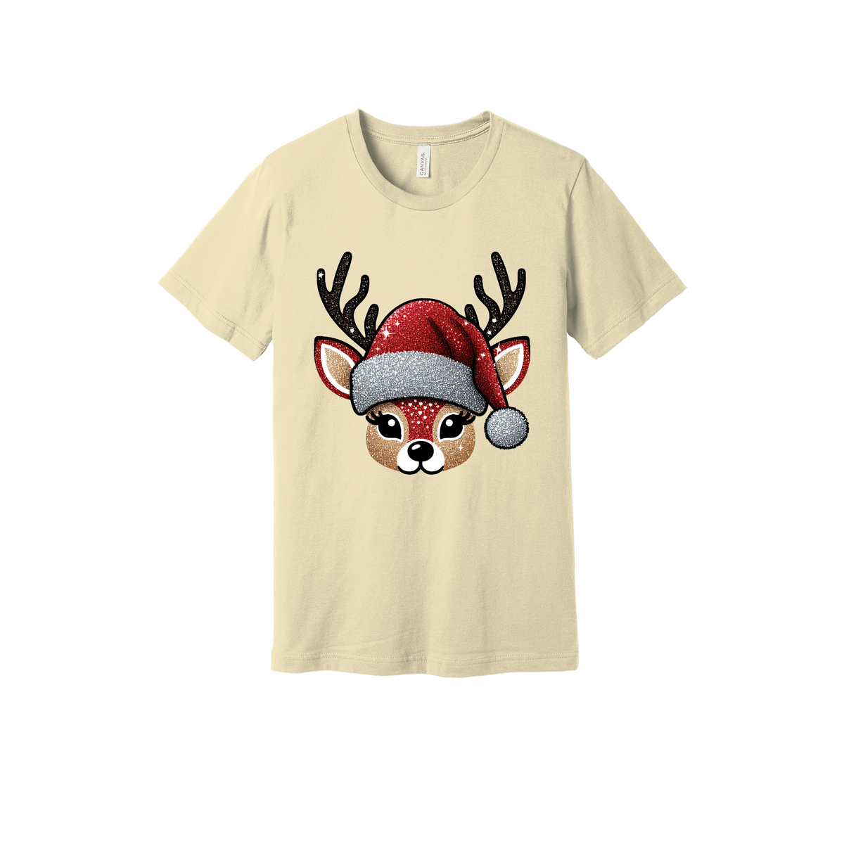 Cute Reindeer Christmas Apparel design on adult tee in tan, front view.