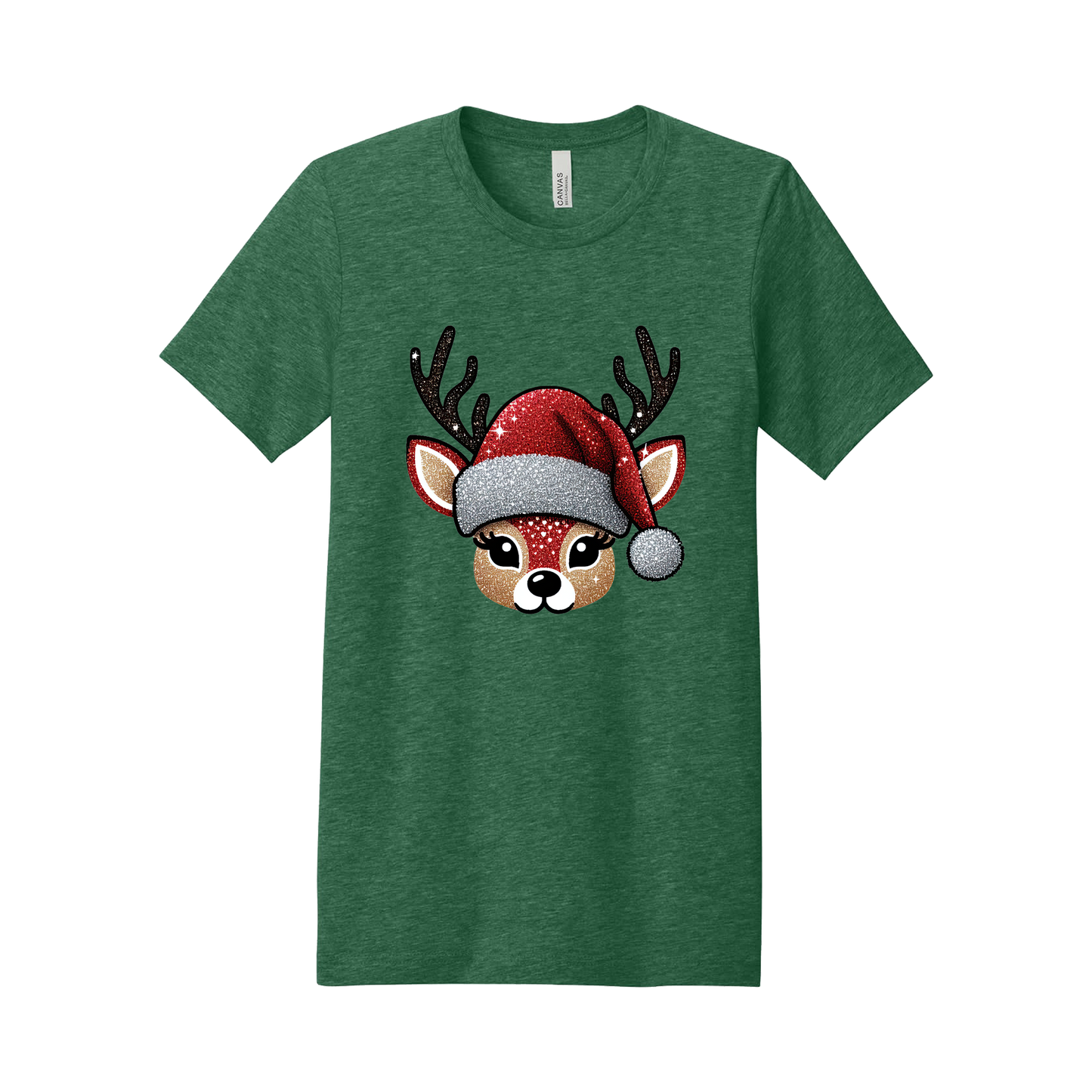 Cute Reindeer Christmas Apparel design on generic tee presentation in green, front view.
