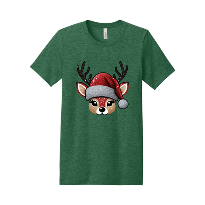 Cute Reindeer Christmas Apparel design on generic tee presentation in green, front view.