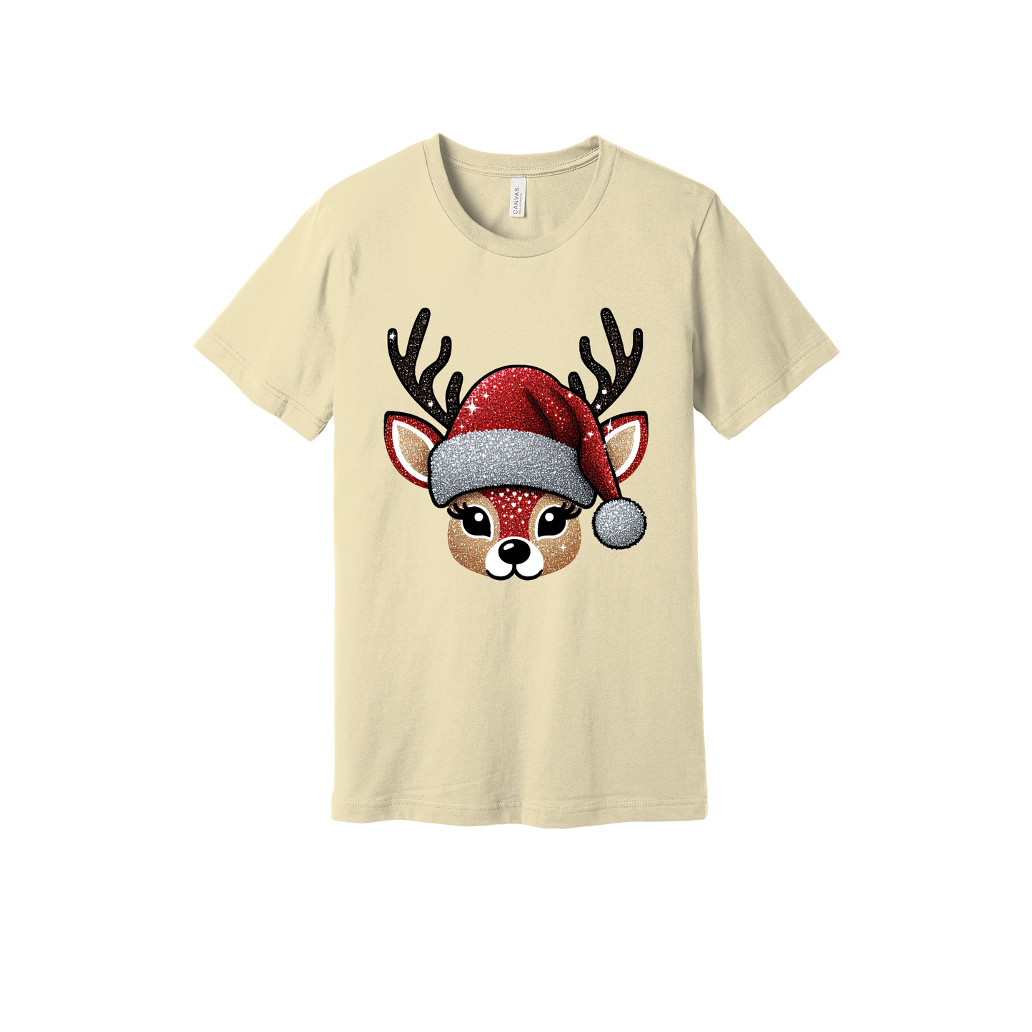 Cute Reindeer Christmas Apparel design on generic tee presentation in tan, front view.