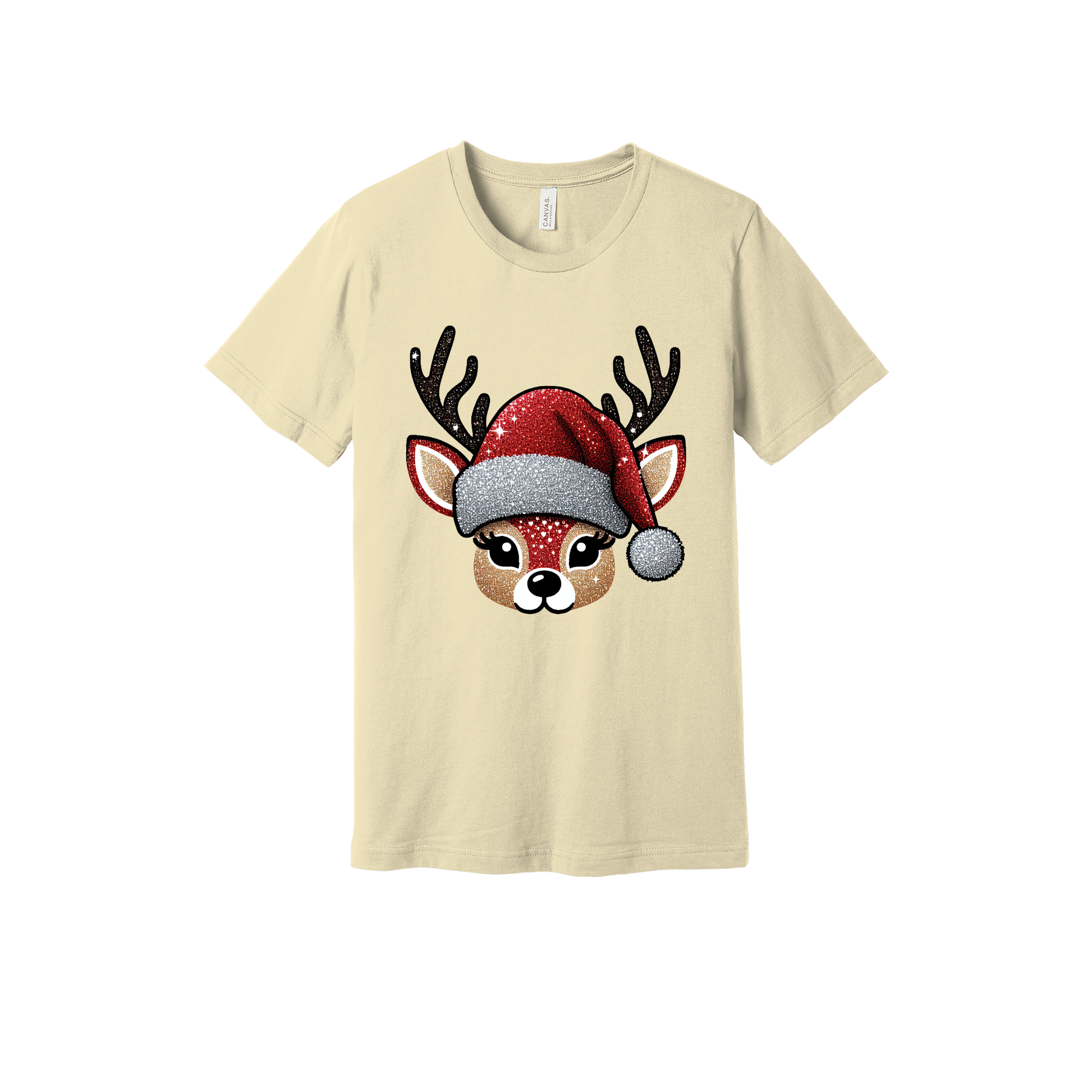Cute Reindeer Christmas Apparel design on generic tee presentation in tan, front view.