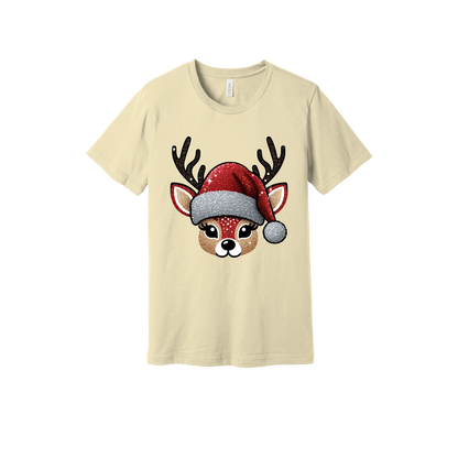 Cute Reindeer Christmas Apparel design on generic tee presentation in tan, front view.