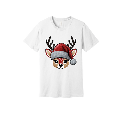 Cute Reindeer Christmas Apparel design on generic tee presentation in white, front view.