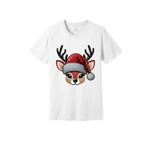 Cute Reindeer Christmas Apparel design on generic tee presentation in white, front view.