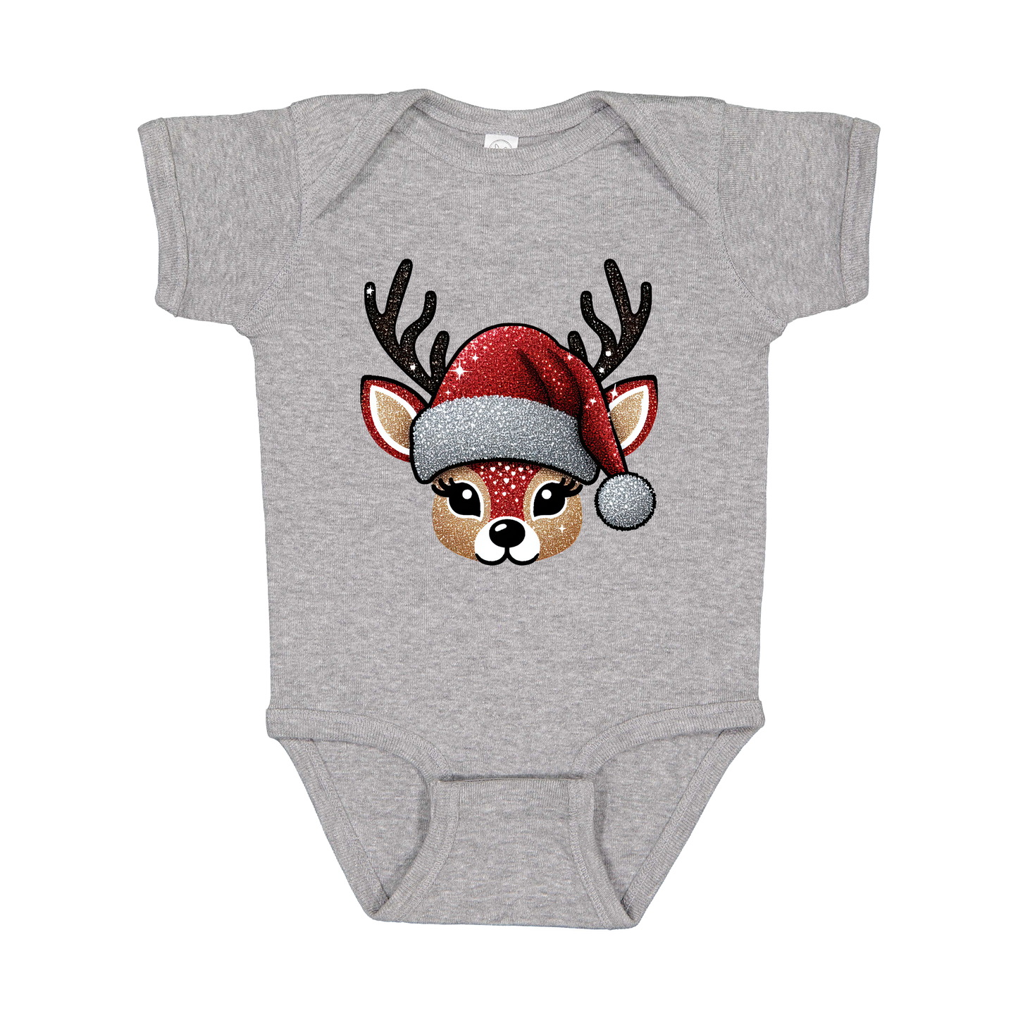 Cute Reindeer Christmas Apparel design on infant onesie in gray, front view.