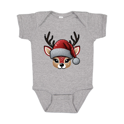 Cute Reindeer Christmas Apparel design on infant onesie in gray, front view.