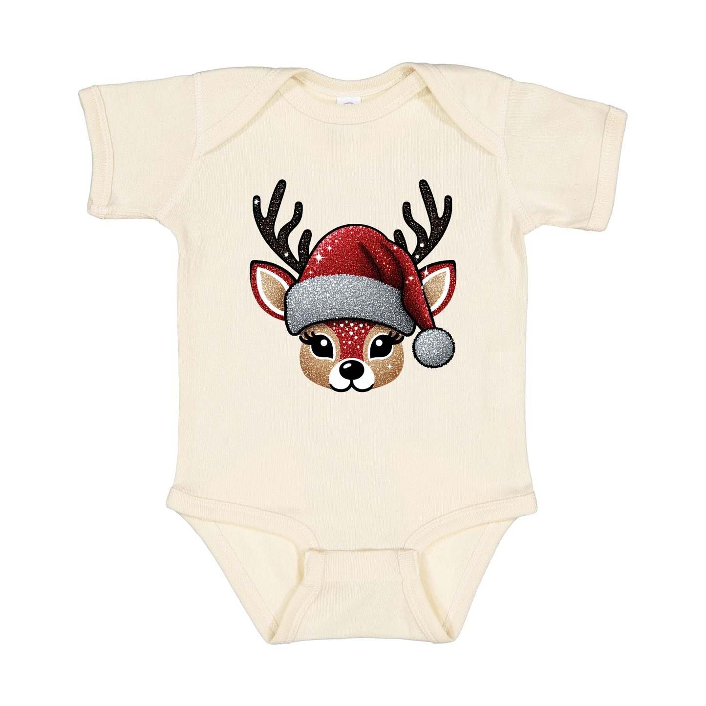 Cute Reindeer Christmas Apparel design on infant onesie in tan, front view.