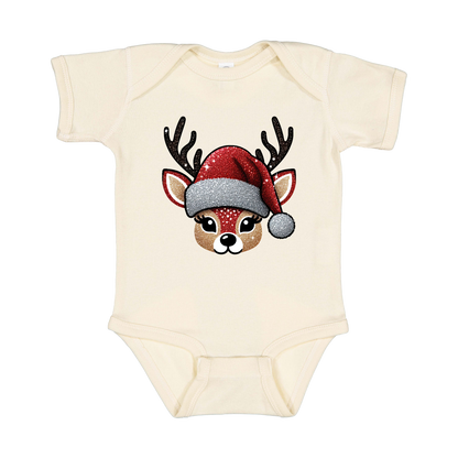 Cute Reindeer Christmas Apparel design on infant onesie in tan, front view.