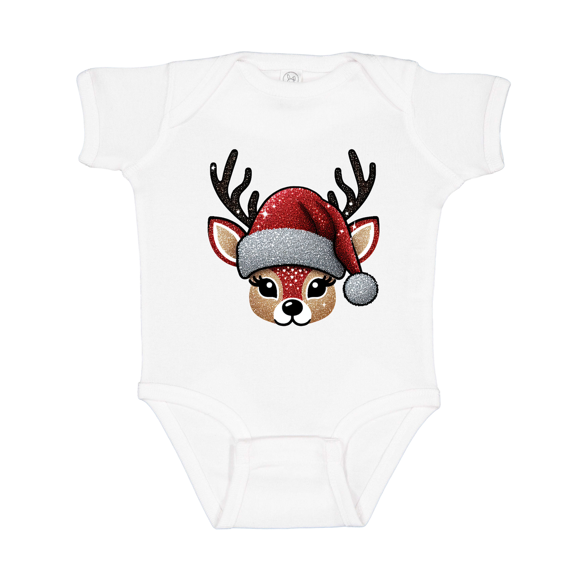 Cute Reindeer Christmas Apparel design on infant onesie in white, front view.
