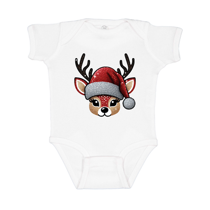 Cute Reindeer Christmas Apparel design on infant onesie in white, front view.