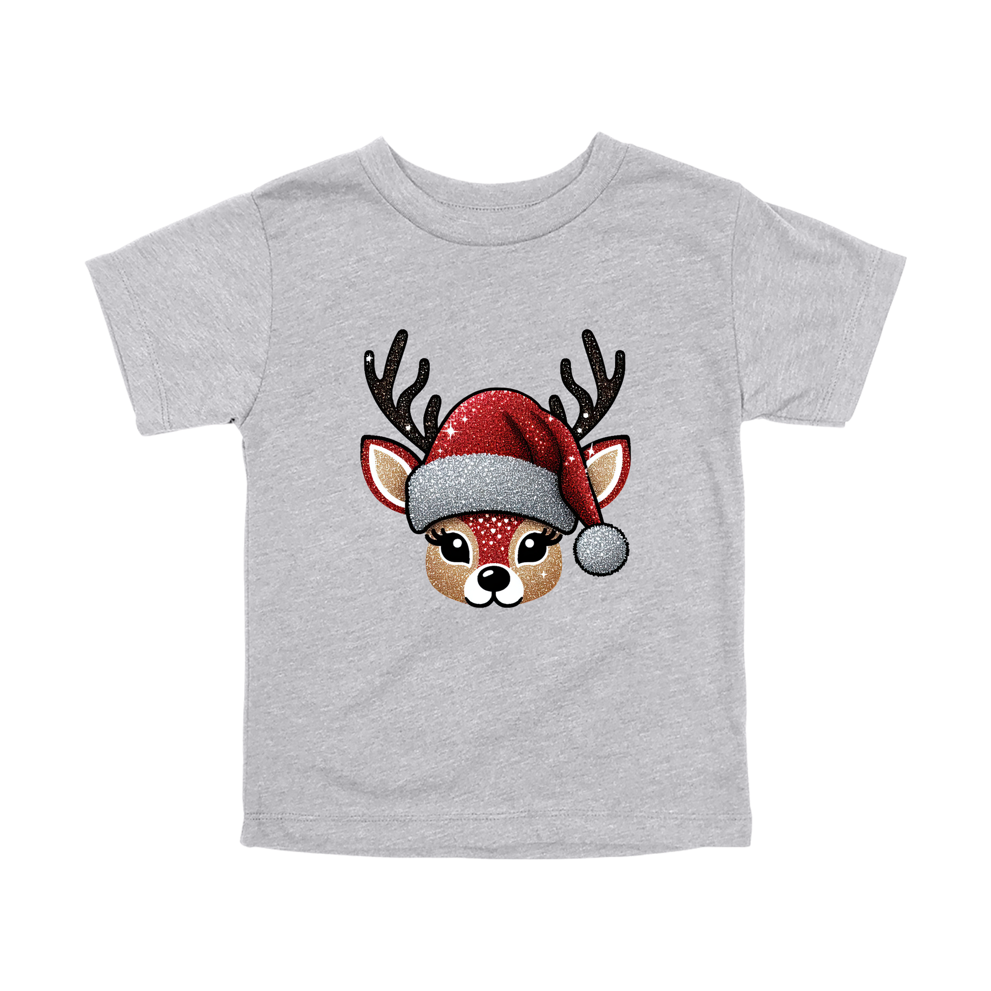 Cute Reindeer Christmas Apparel design on toddler tee in gray, front view.
