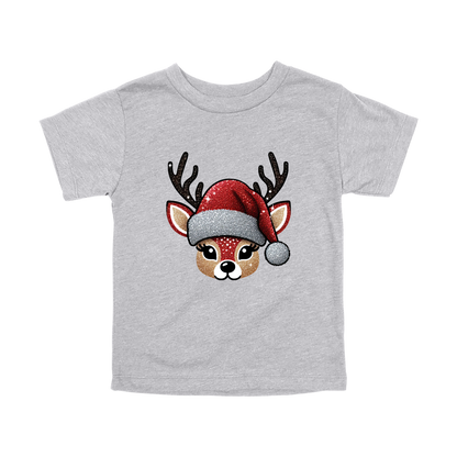 Cute Reindeer Christmas Apparel design on toddler tee in gray, front view.