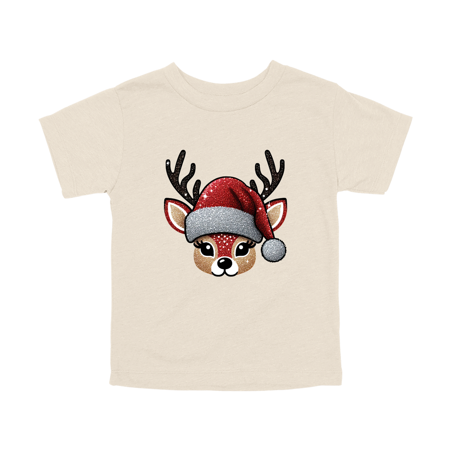Cute Reindeer Christmas Apparel design on toddler tee in tan, front view.