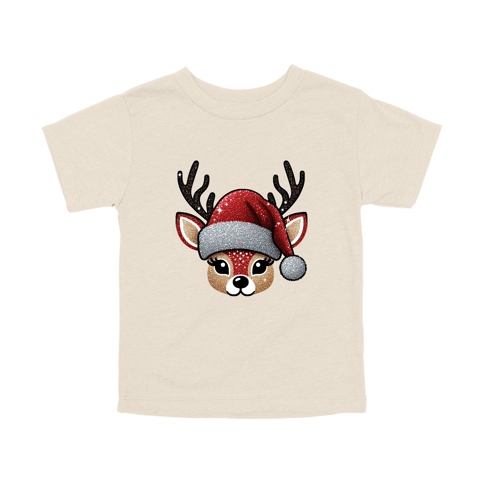 Cute Reindeer Christmas Apparel design on toddler tee in tan, front view.