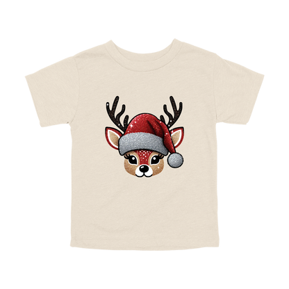 Cute Reindeer Christmas Apparel design on toddler tee in tan, front view.