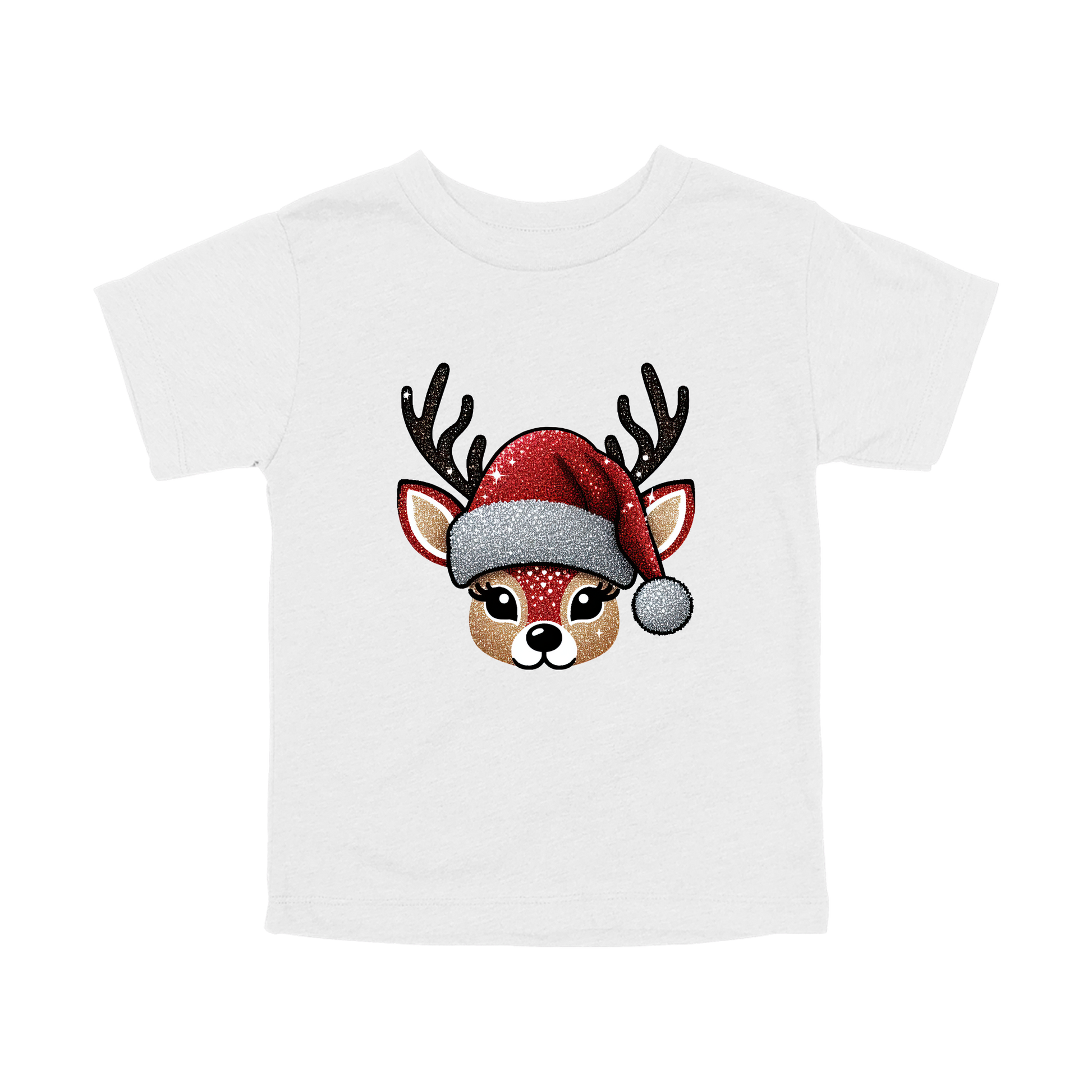Cute Reindeer Christmas Apparel design on toddler tee in white, front view.