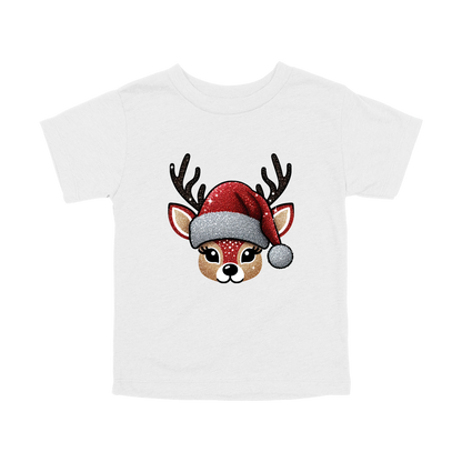 Cute Reindeer Christmas Apparel design on toddler tee in white, front view.