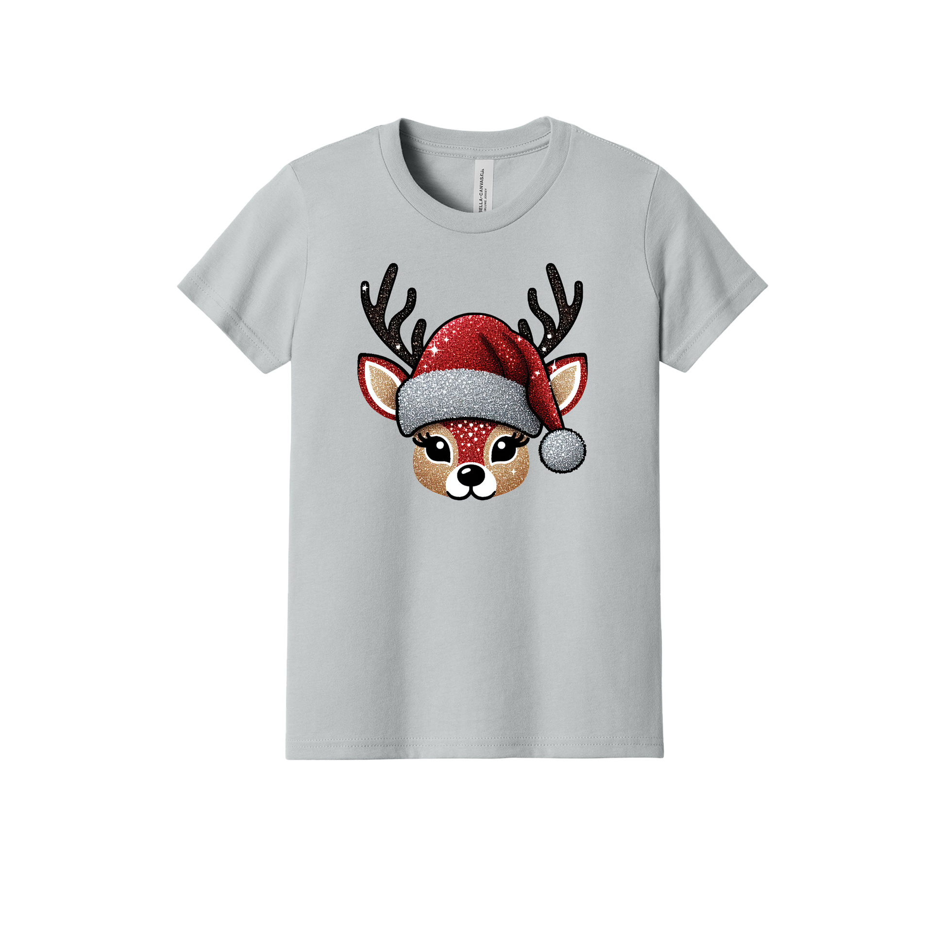 Cute Reindeer Christmas Apparel design on youth tee in gray, front view.