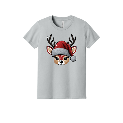 Cute Reindeer Christmas Apparel design on youth tee in gray, front view.