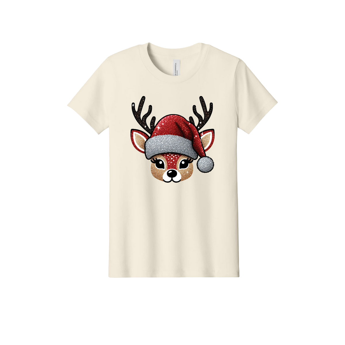 Reindeer Apparel design on official Youth Bella+Canvas T-shirt in Natural, front view.