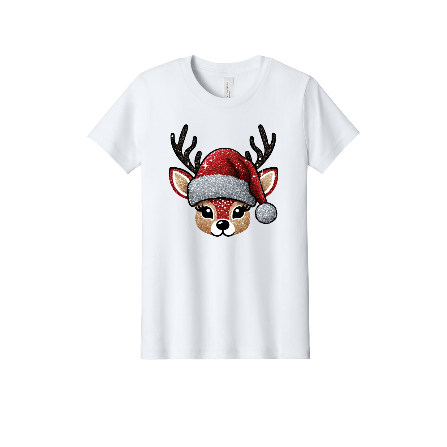 Reindeer Apparel design on official Youth Bella+Canvas T-shirt in White, front view.