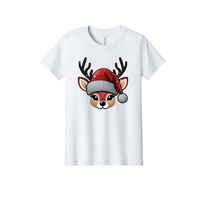 Reindeer Apparel design on official Youth Bella+Canvas T-shirt in White, front view.
