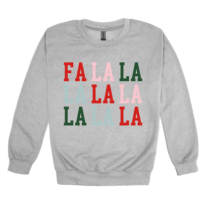 Fa La La Holiday Apparel design on adult crewneck in gray, front view.