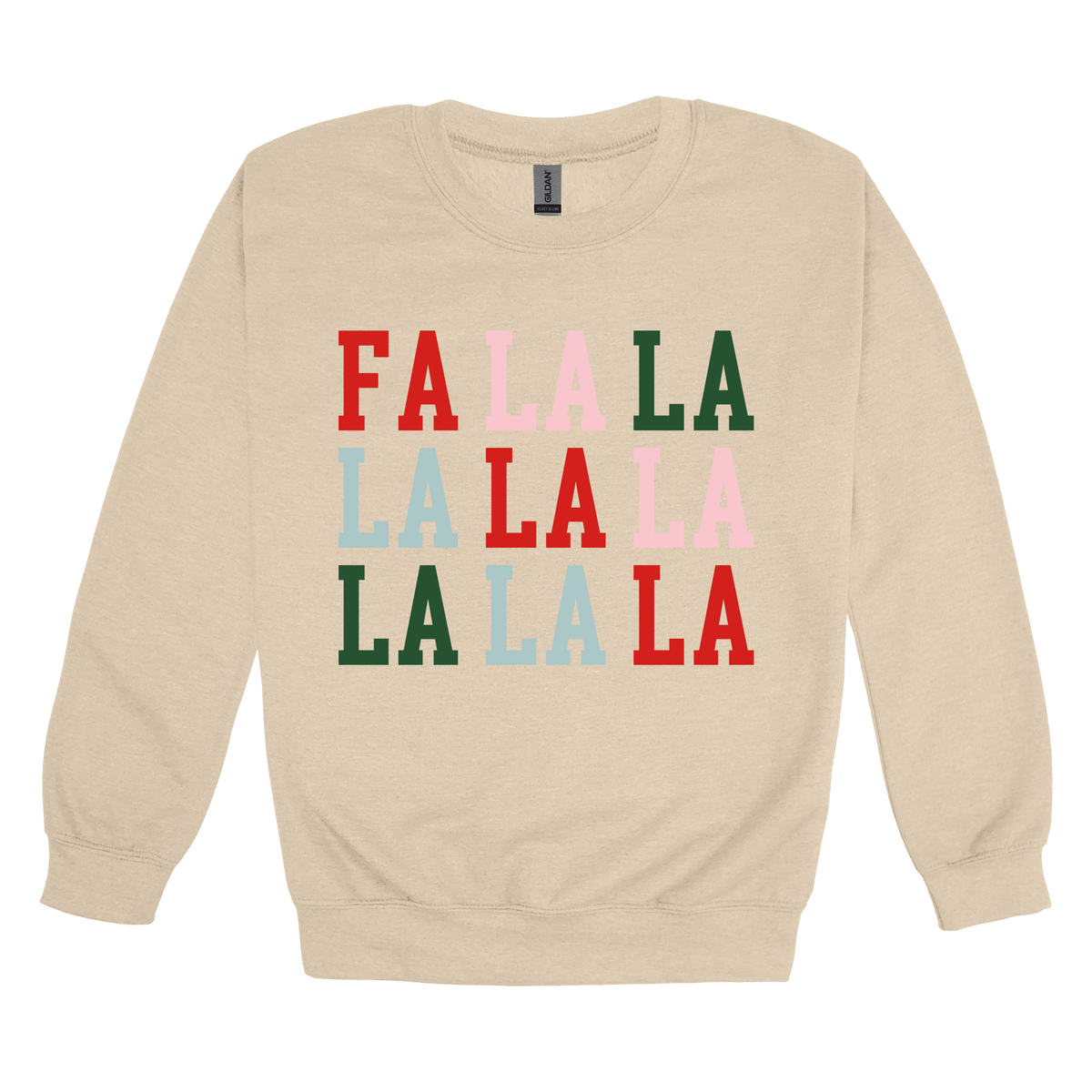 Fa La La Holiday Apparel design on adult crewneck in tan, front view.