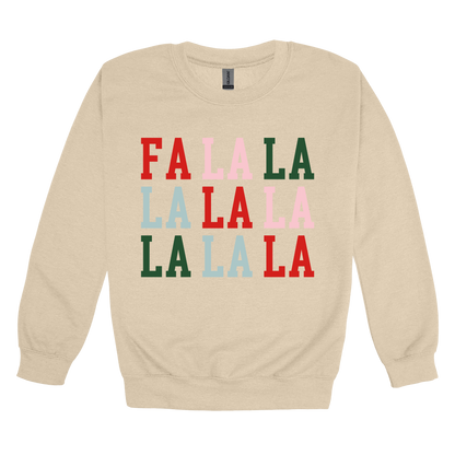 Fa La La Holiday Apparel design on adult crewneck in tan, front view.