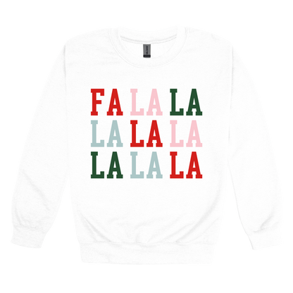 Fa La La Holiday Apparel design on adult crewneck in white, front view.
