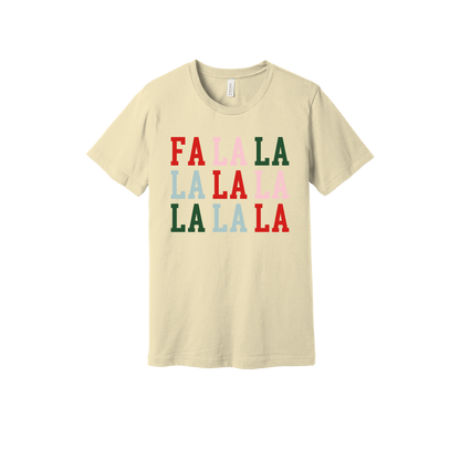 Fa La La Holiday Apparel design on generic tee presentation in tan, front view.