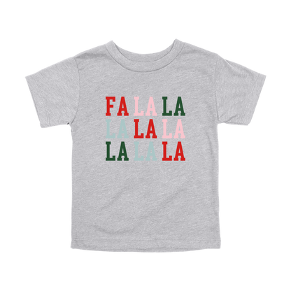 Fa La La Holiday Apparel design on toddler tee in gray, front view.