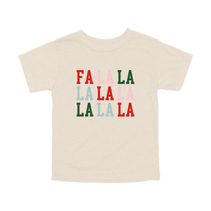 Fa La La Holiday Apparel design on toddler tee in tan, front view.