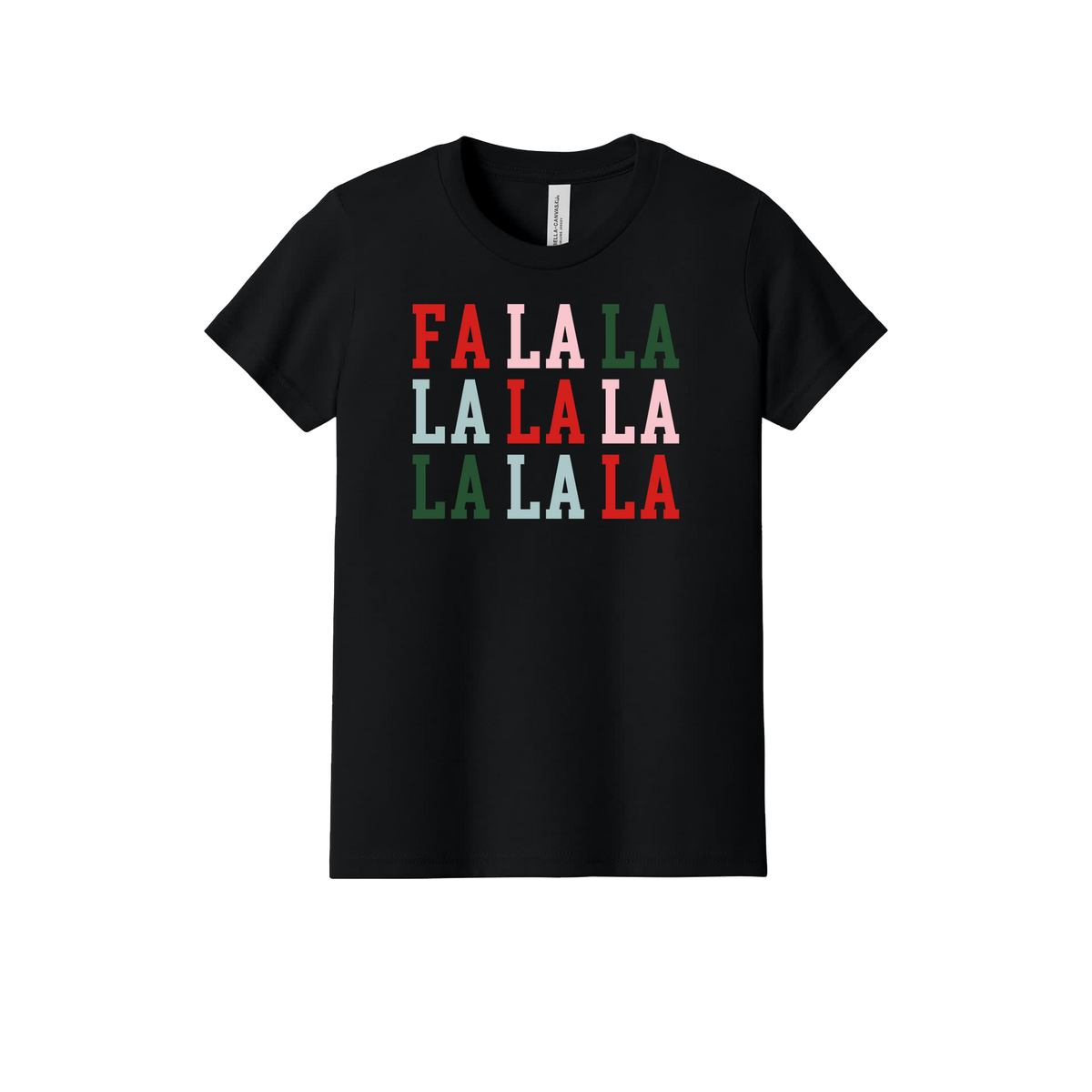 Fa La La Apparel design on official Youth Bella+Canvas T-shirt in Black, front view.