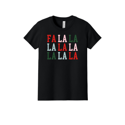 Fa La La Apparel design on official Youth Bella+Canvas T-shirt in Black, front view.