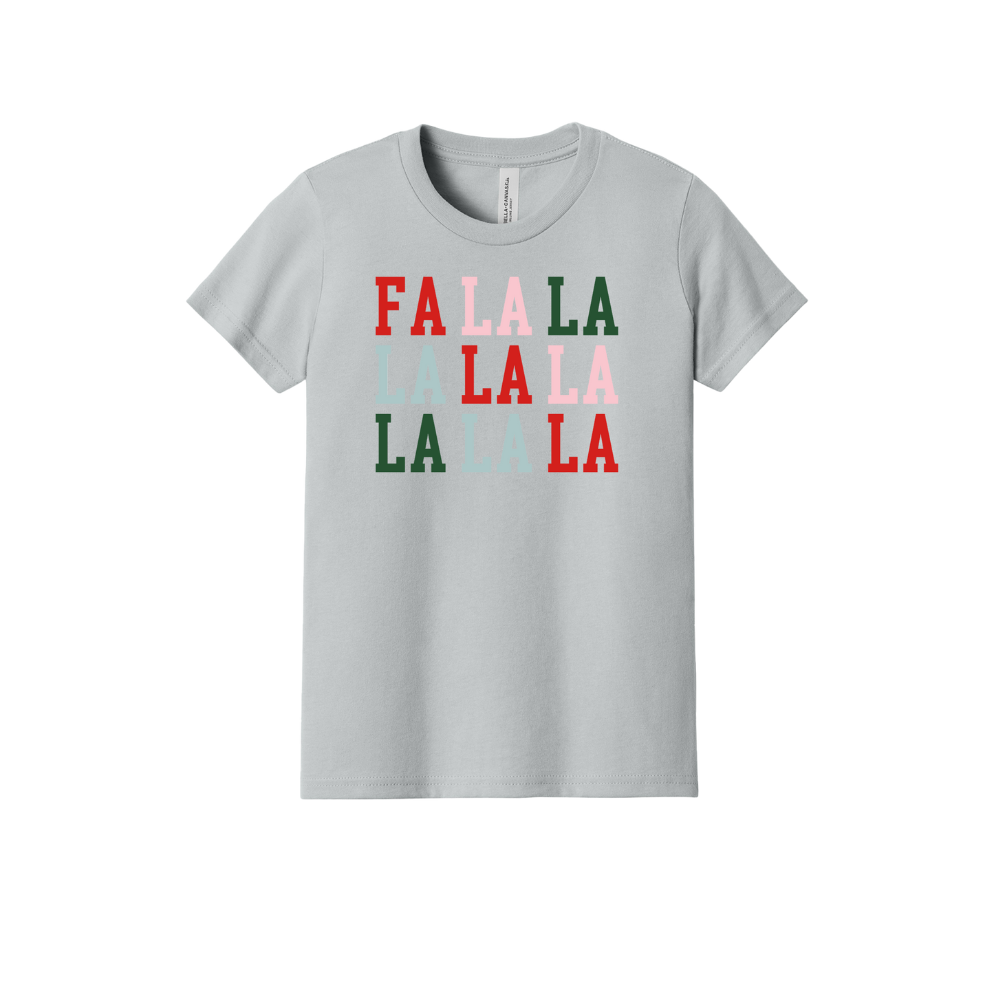 Fa La La Holiday Apparel design on youth tee in gray, front view.