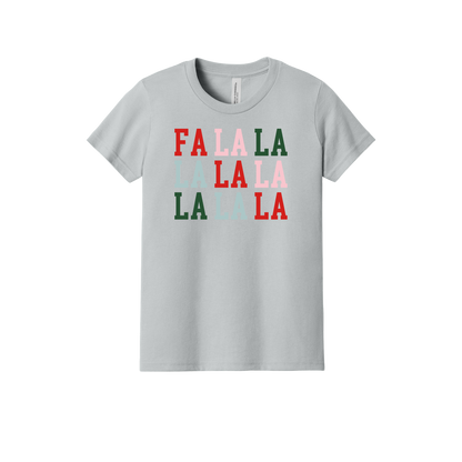 Fa La La Holiday Apparel design on youth tee in gray, front view.