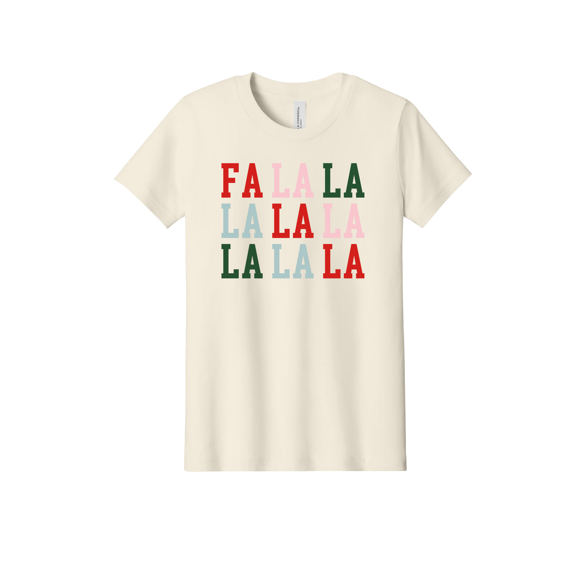 Fa La La Apparel design on official Youth Bella+Canvas T-shirt in Natural, front view.