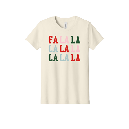 Fa La La Apparel design on official Youth Bella+Canvas T-shirt in Natural, front view.