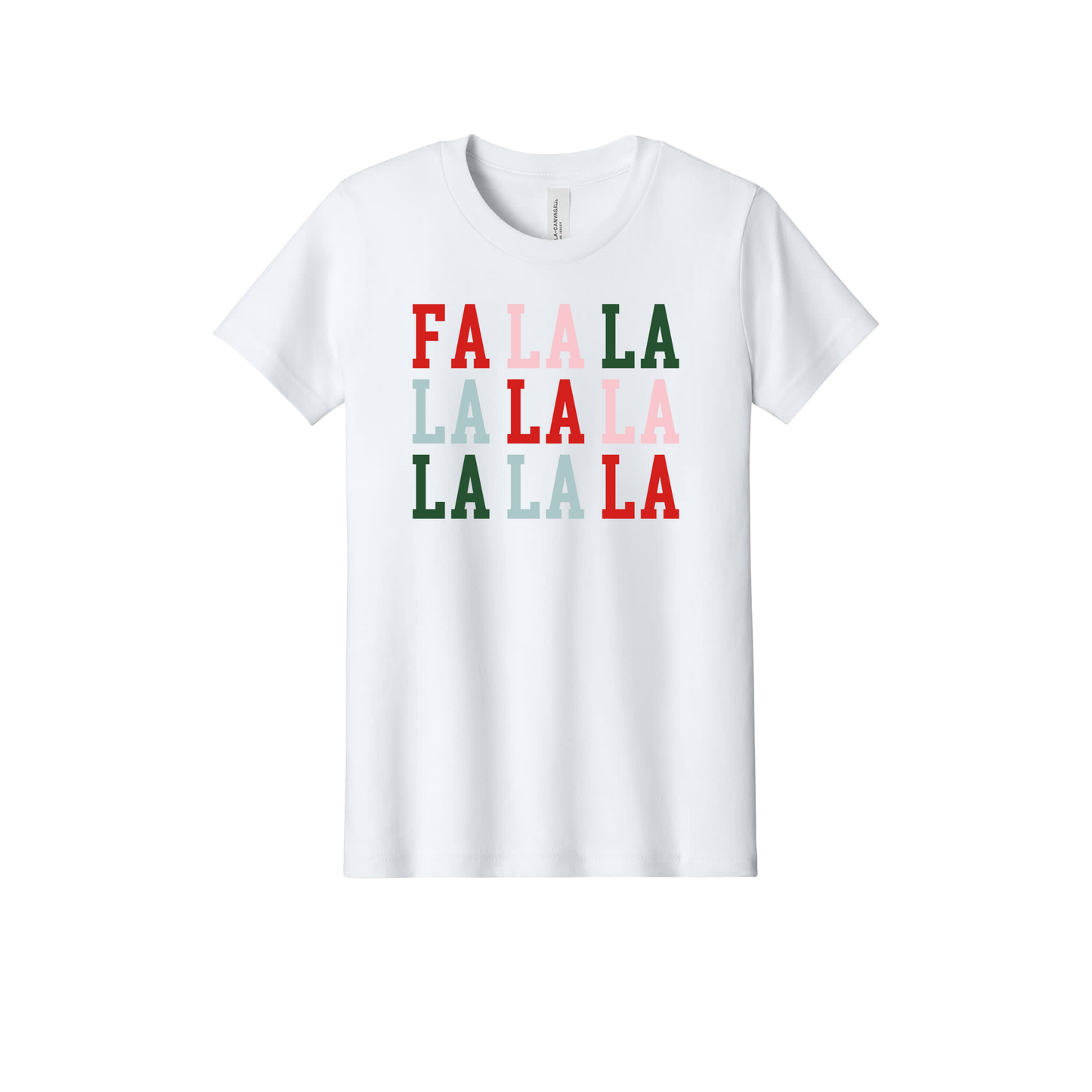 Fa La La Apparel design on official Youth Bella+Canvas T-shirt in White, front view.