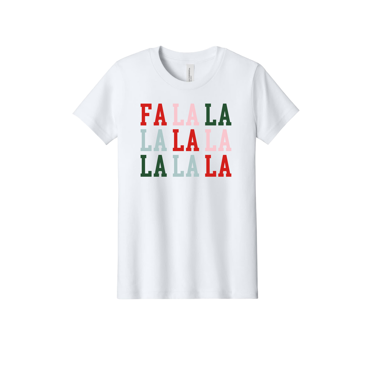 Fa La La Apparel design on official Youth Bella+Canvas T-shirt in White, front view.