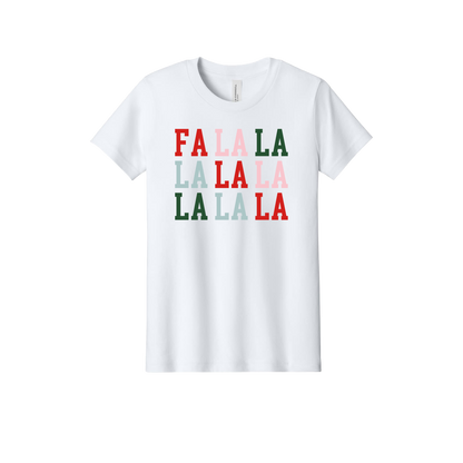 Fa La La Apparel design on official Youth Bella+Canvas T-shirt in White, front view.