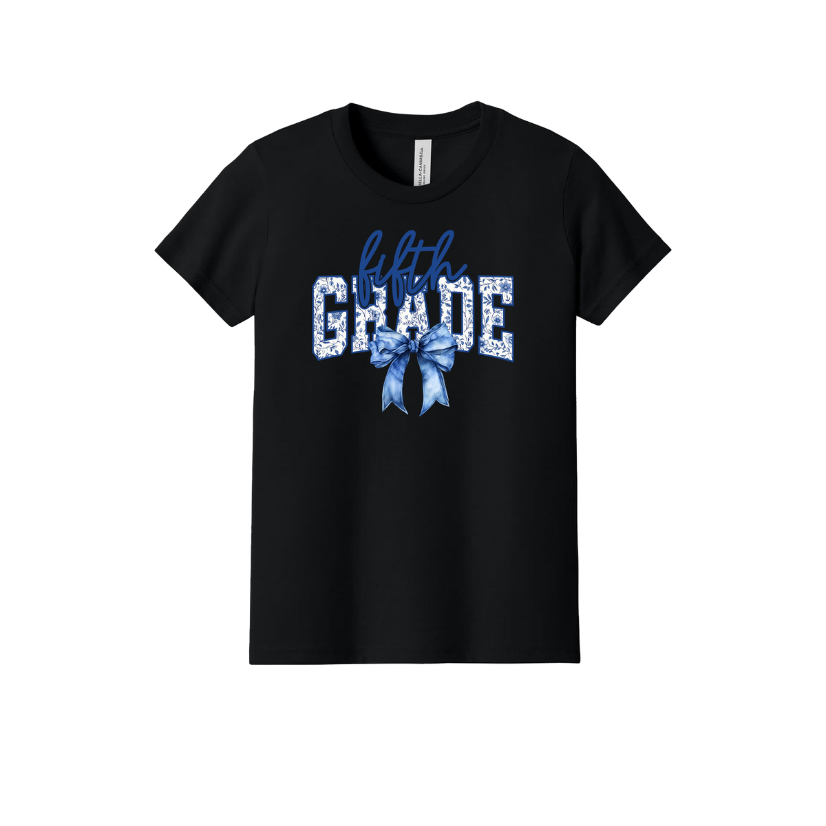 Fifth Grade Apparel design on official Youth Bella+Canvas T-shirt in Black, front view.