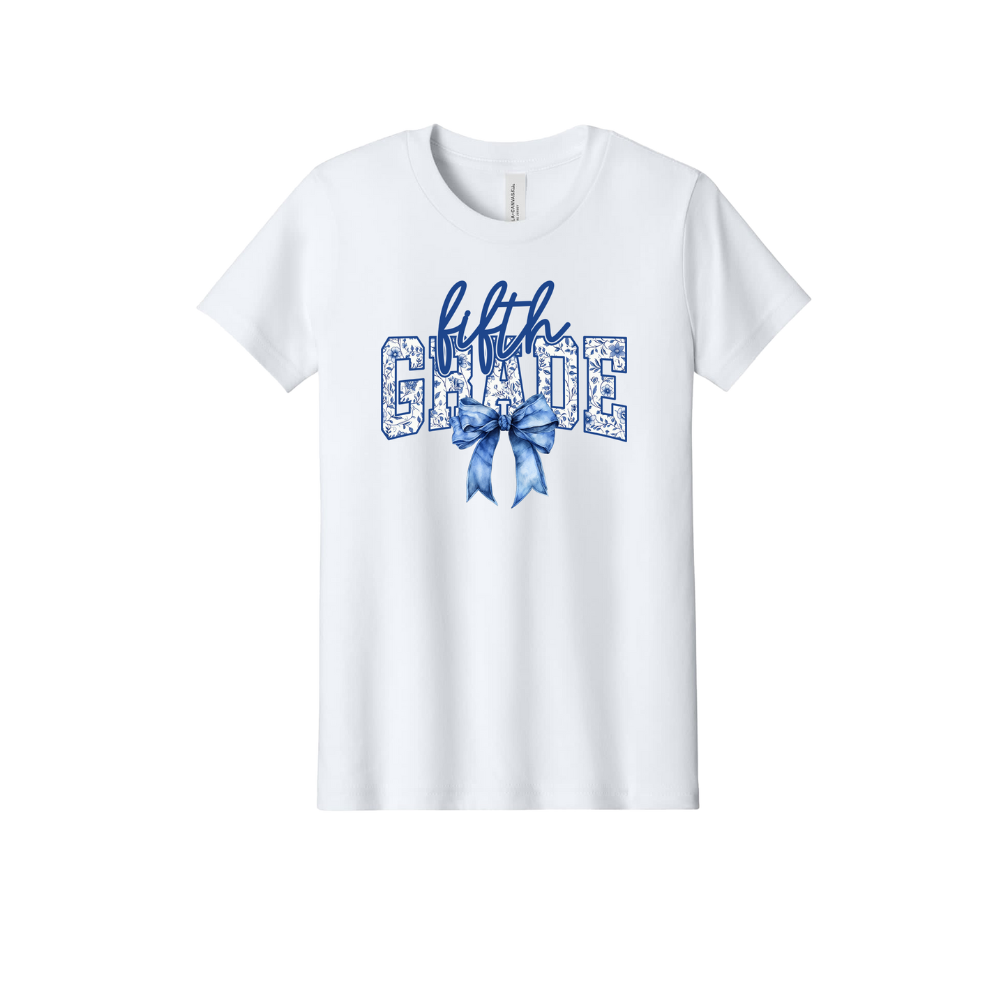 Fifth Grade Apparel design on official Youth Bella+Canvas T-shirt in White, front view.