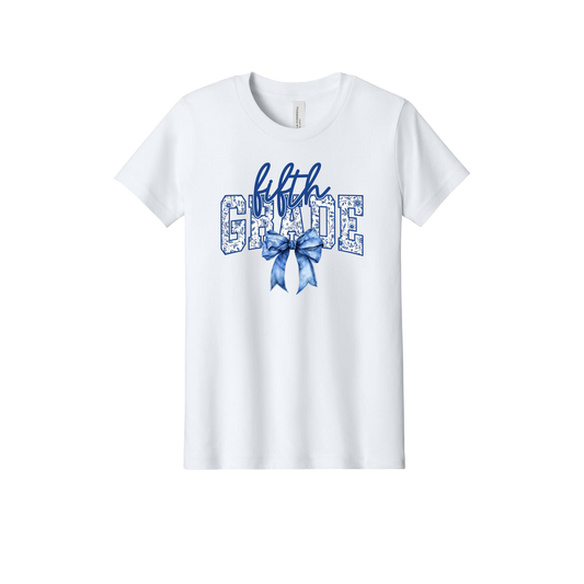 Fifth Grade Apparel design on official Youth Bella+Canvas T-shirt in White, front view.