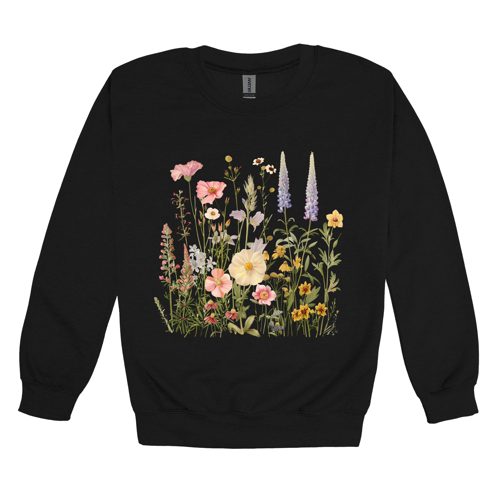 Wildflower Apparel design on adult crewneck in black, front view.